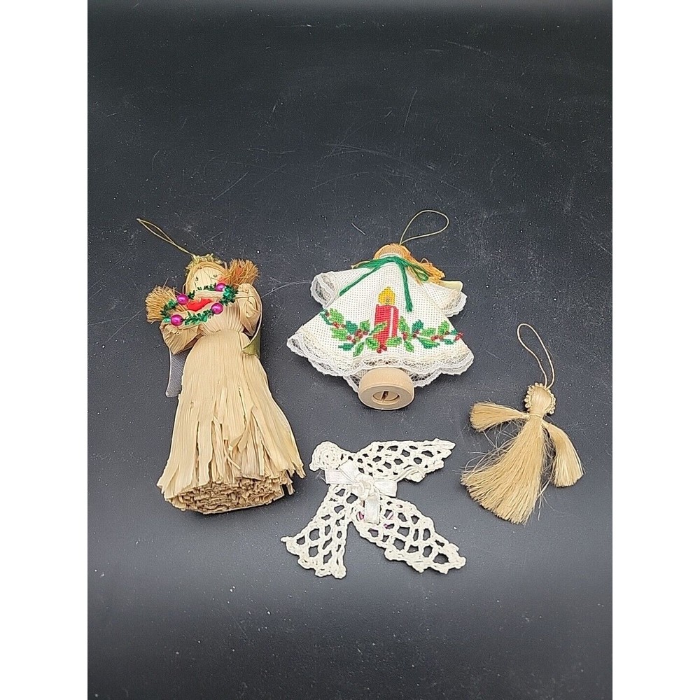 Lot Of Vintage Angels And Dove Ornaments Handmade: Crochet, Horse Hair, Corncob
